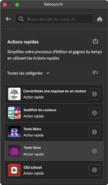 Sélectionnez Parcourir > Actions rapides pour afficher la liste des actions rapides.