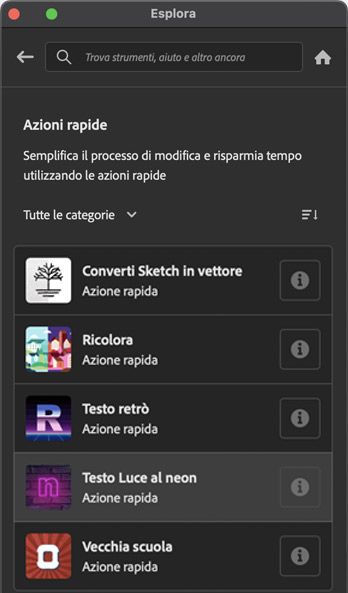 Selezionare Sfoglia > Azioni rapide per visualizzare l'elenco delle azioni rapide