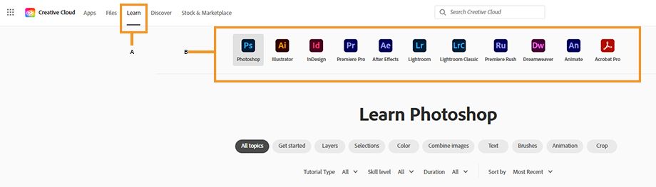 Onglet Formation du site web de Creative Cloud