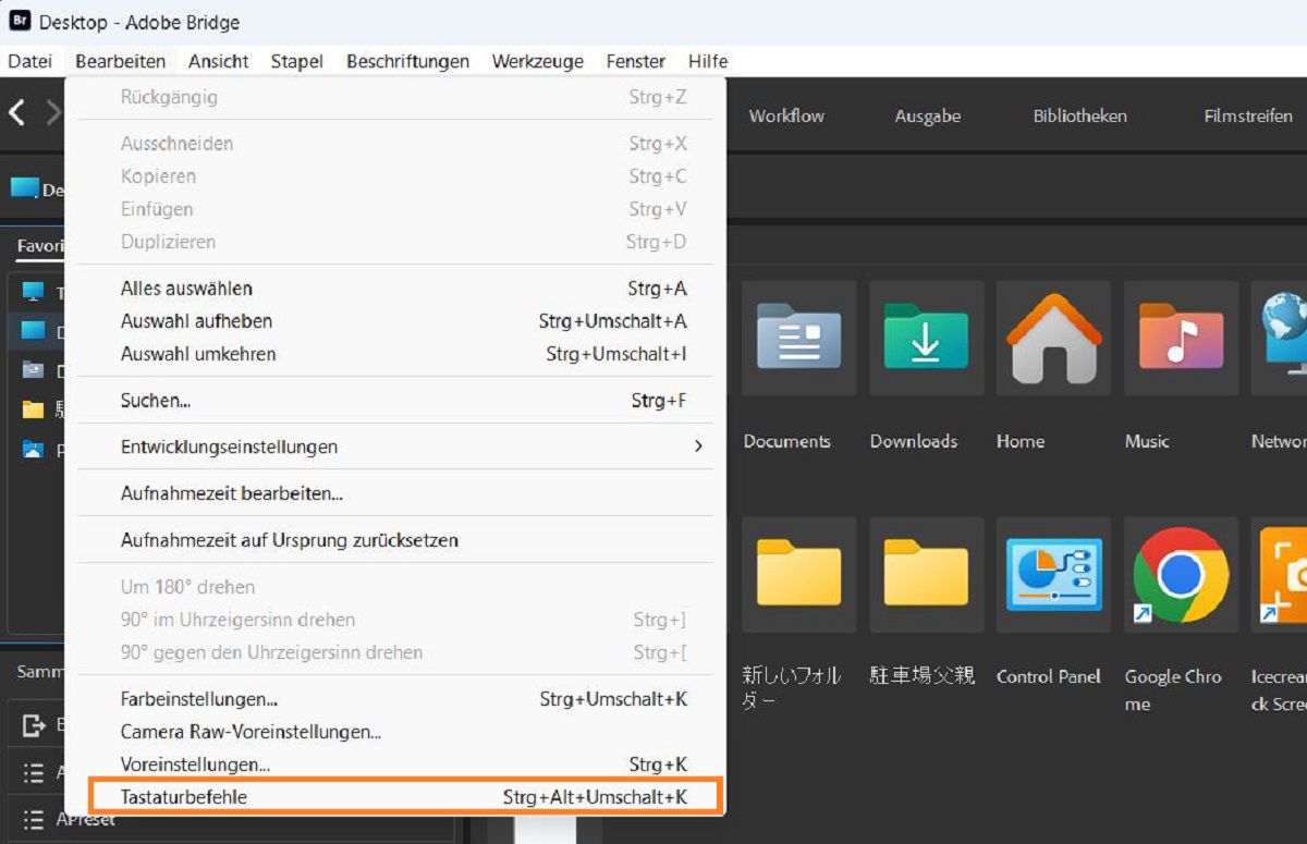 Sieh dir an, wie du das Tastaturbefehl-Bedienfeld in Adobe Bridge startest.