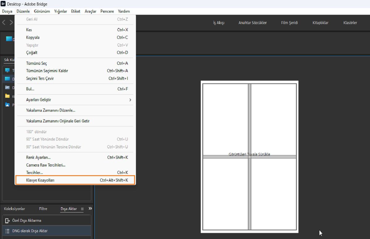 Adobe Bridge'de Klavye Kısayolları panelini nasıl başlatabileceğinizi öğrenin.
