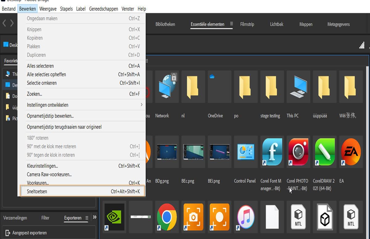 Meer informatie over het openen van het deelvenster Sneltoetsen in Adobe Bridge.
