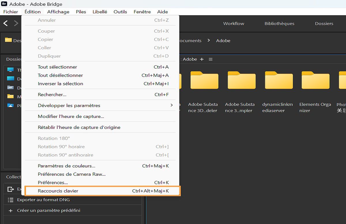 Découvrez comment lancer le panneau Raccourcis clavier dans Adobe Bridge.