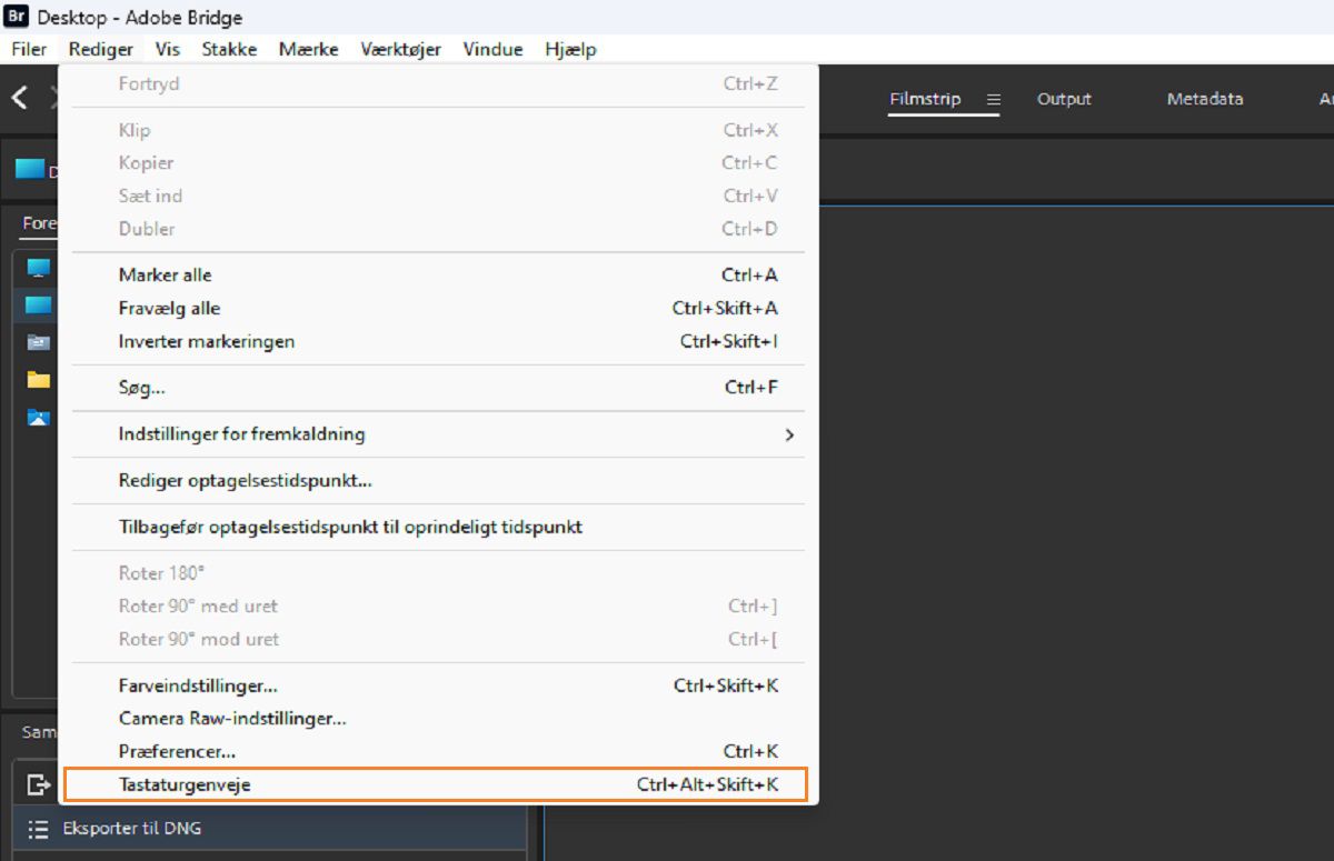Se, hvordan du åbner panelet Tastaturgenveje i Adobe Bridge.