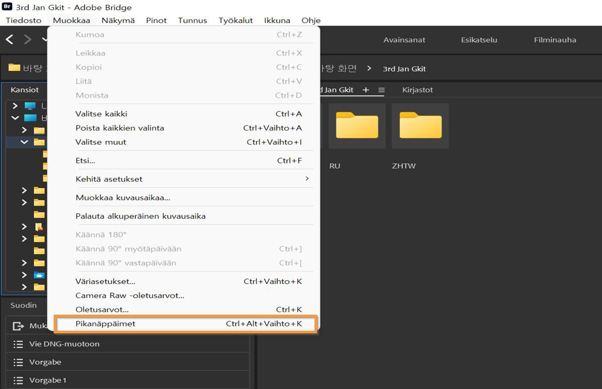 Opi avaamaan Adobe Bridgen Pikanäppäimet-paneeli.
