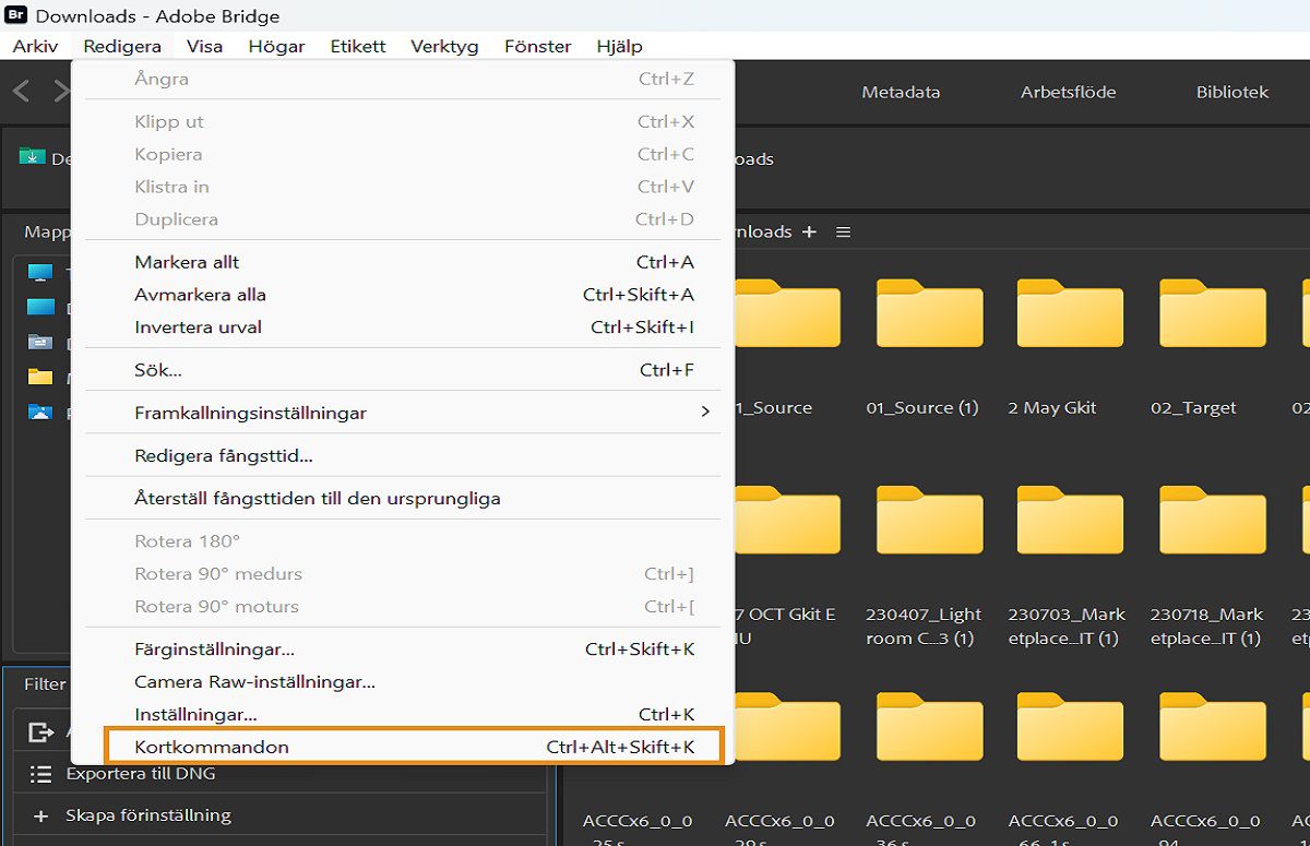 Läs om hur du startar panelen Kortkommandon i Adobe Bridge.