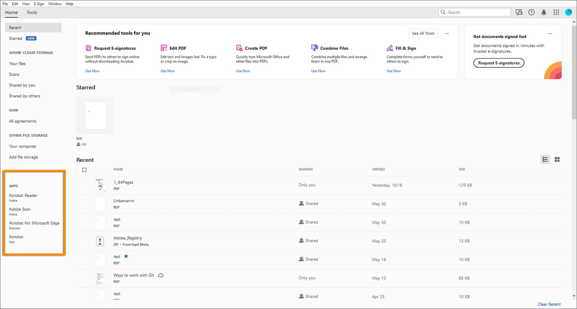 Acrobat ホームの左側のペインにリストされるアプリ