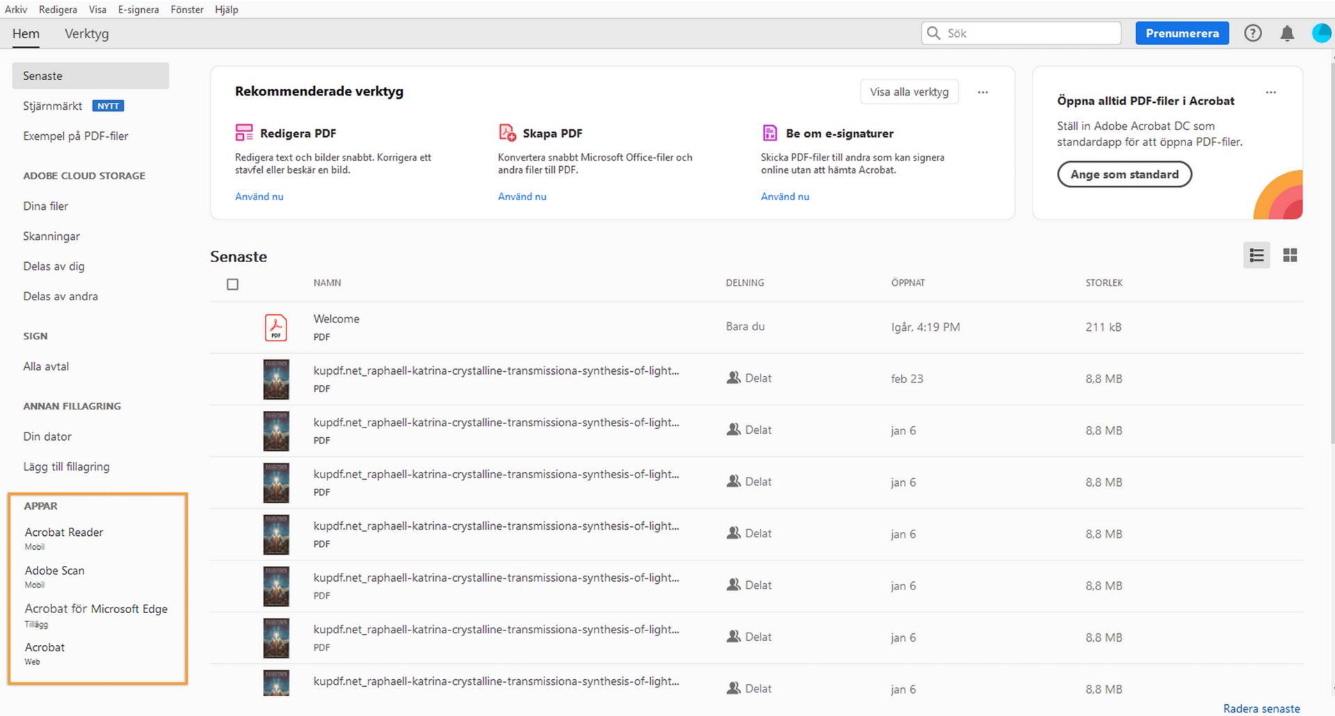 Appar som visas i den vänstra rutan i Acrobat Home