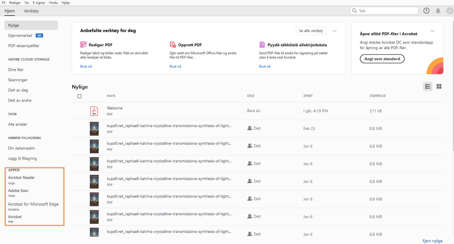 Apper oppført i venstre side av Acrobat Home