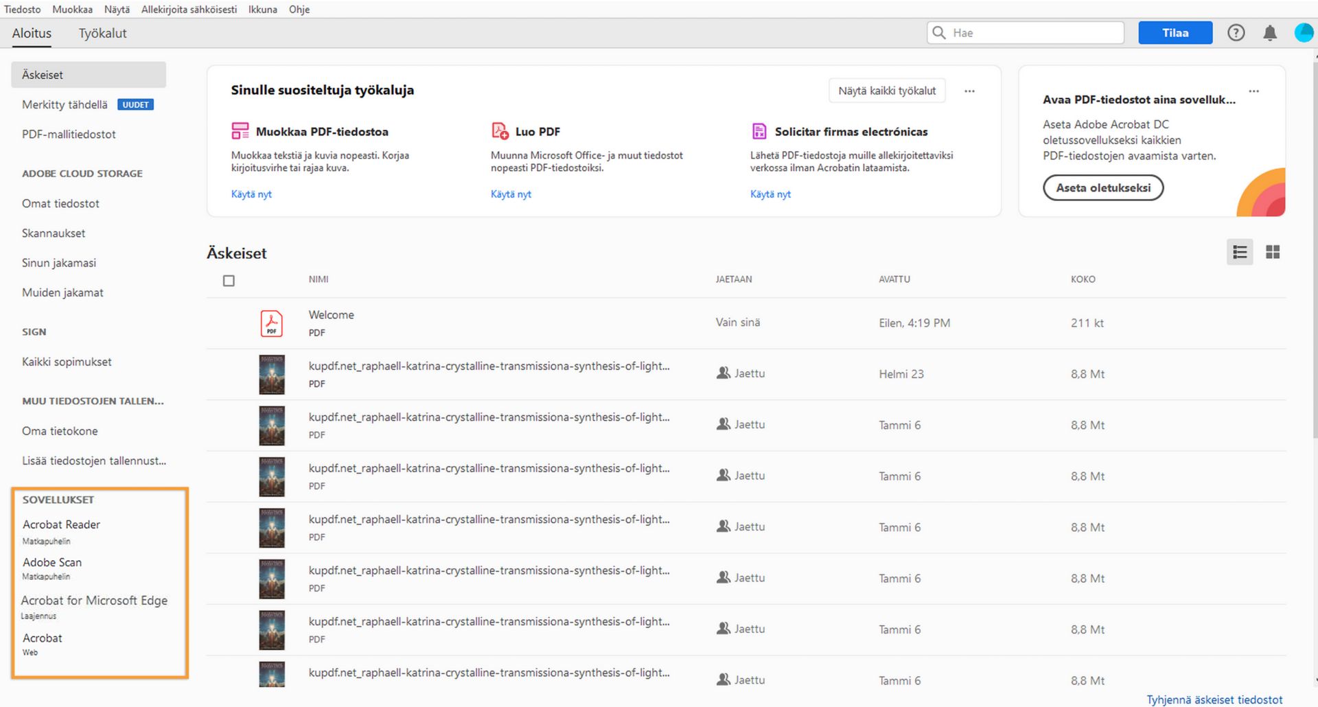 Acrobatin Aloitus-sivun vasemmassa ruudussa luetellut sovellukset