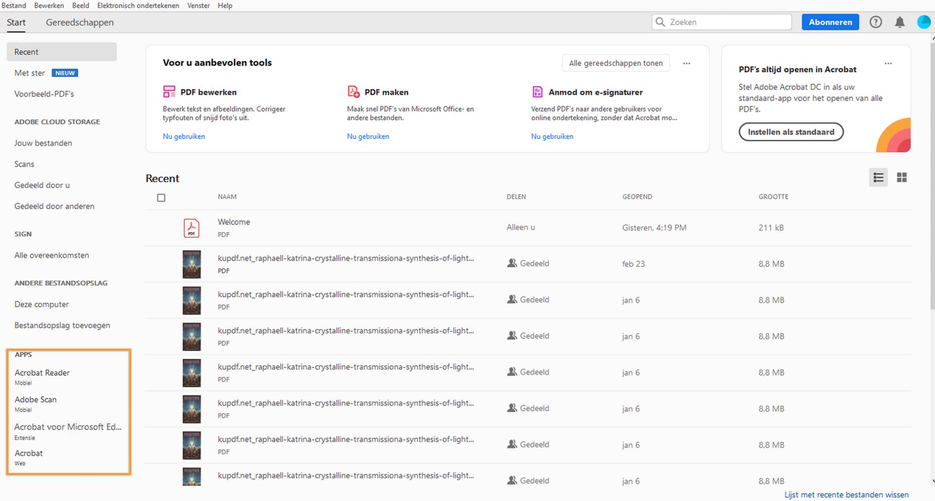 Apps die in het linkerdeelvenster van Acrobat Home worden vermeld
