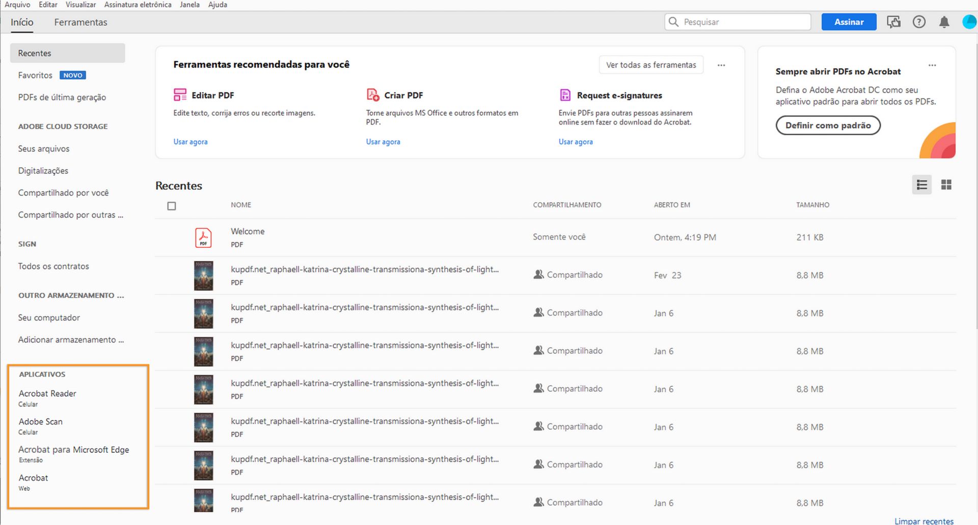 Aplicativos listados no painel à esquerda da tela Início do Acrobat