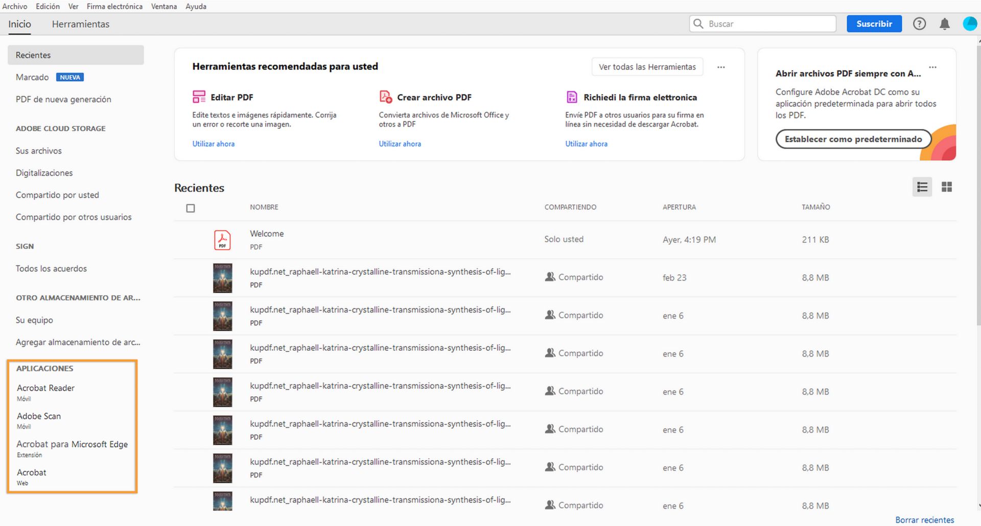 Aplicaciones que aparecen en el panel izquierdo de Inicio de Acrobat