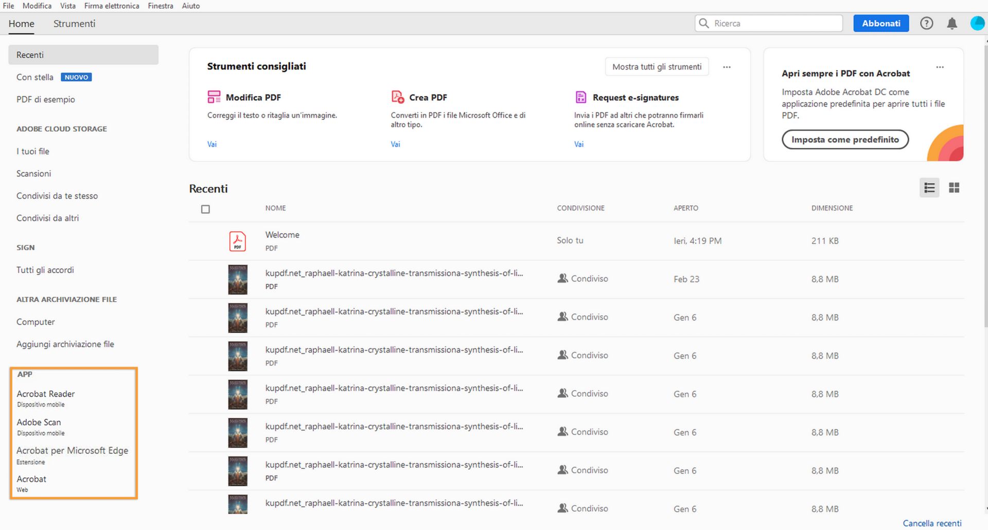 App elencate nel riquadro a sinistra della pagina Home di Acrobat