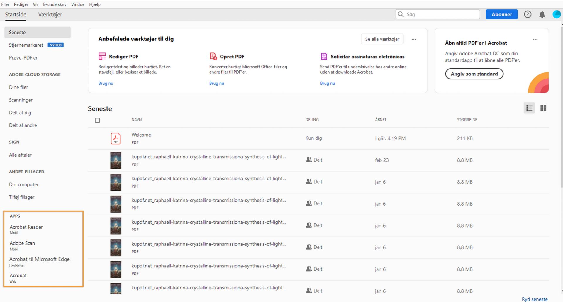 Apps, der er vist i venstre rude i Acrobat Hjem