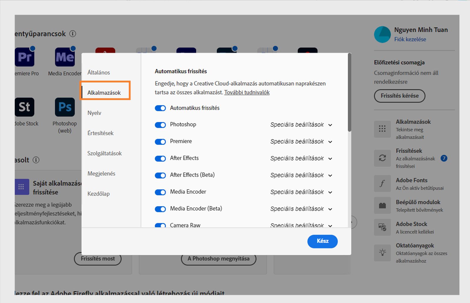 Az Adobe Creative Cloud beállítások panel megnyitva az „Alkalmazások” fülön, mutatva az automatikus frissítés, telepítési hely és sávszélesség-használat lehetőségeket.