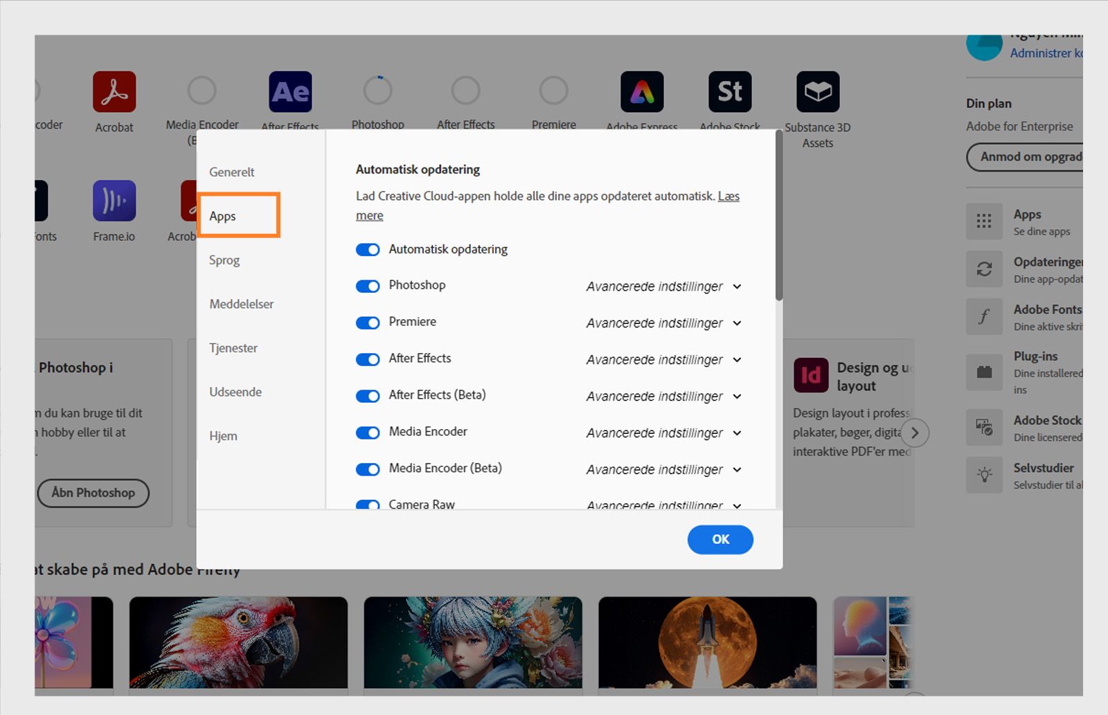 Panelet Præferencer, der er åbent i Adobe Creative Cloud på fanen "Apps" og viser indstillinger for automatisk opdatering, installationsplacering og båndbreddeforbrug.