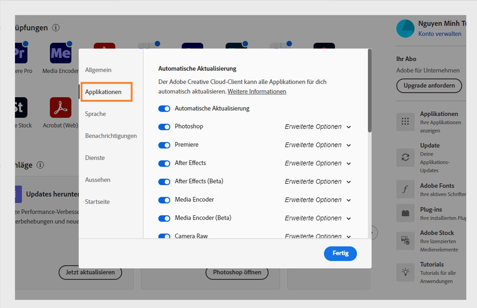 Das Einstellungsfenster von Adobe Creative Cloud wird auf der Registerkarte „Apps“ geöffnet und zeigt Optionen für die automatische Aktualisierung, den Installationsort und die Bandbreitennutzung an.