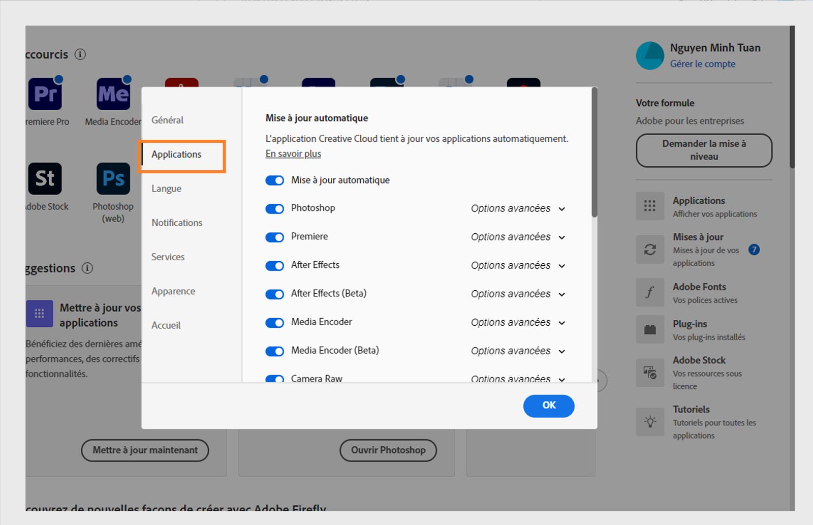 Panneau des préférences d'Adobe Creative Cloud ouvert sur l'onglet « Applis », affichant les options de mise à jour automatique, d'emplacement d'installation et d'utilisation de la bande passante.
