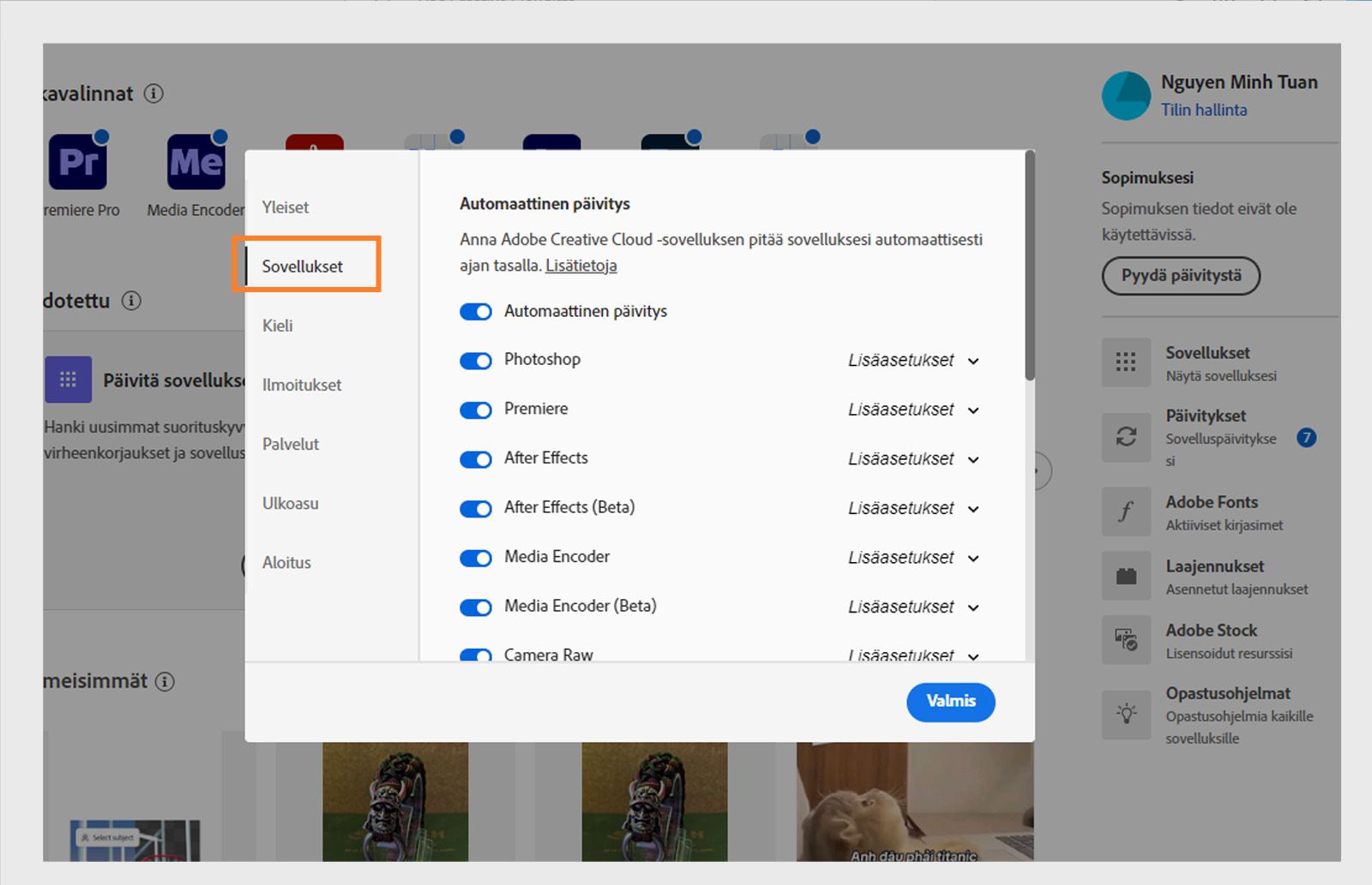 Adobe Creative Cloud -asetusten paneeli auki ”Sovellukset”-välilehdellä. Siinä näkyvät vaihtoehdot automaattiselle päivitykselle, asennussijainnille ja kaistanleveyden käytölle.