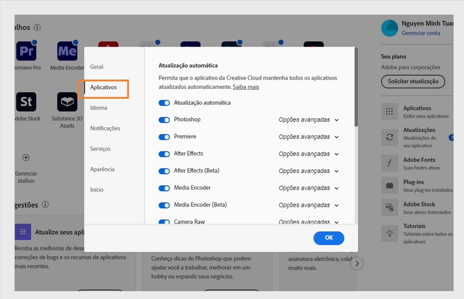 Painel de preferências da Adobe Creative Cloud aberto na guia “Aplicativos”, mostrando opções de atualização automática, local de instalação e uso de largura de banda.