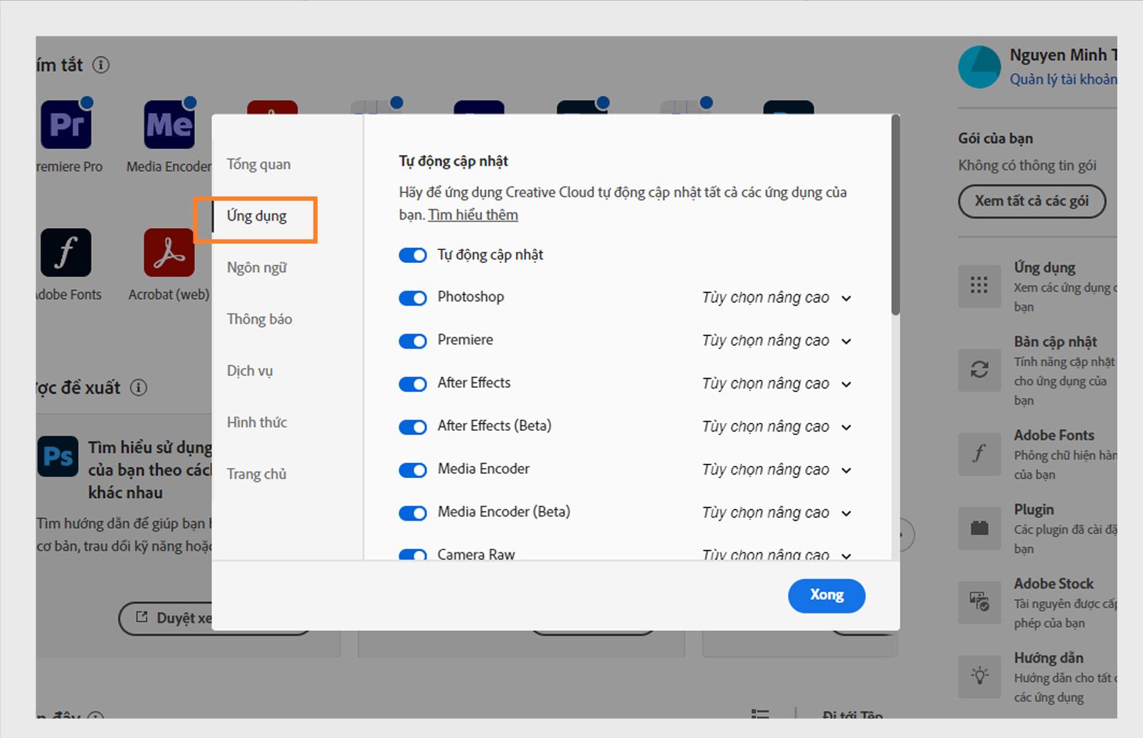 Bảng lựa chọn ưu tiên của Adobe Creative Cloud đang mở trên tab "Ứng dụng", hiển thị các tùy chọn tự động cập nhật, vị trí cài đặt và mức sử dụng băng thông.