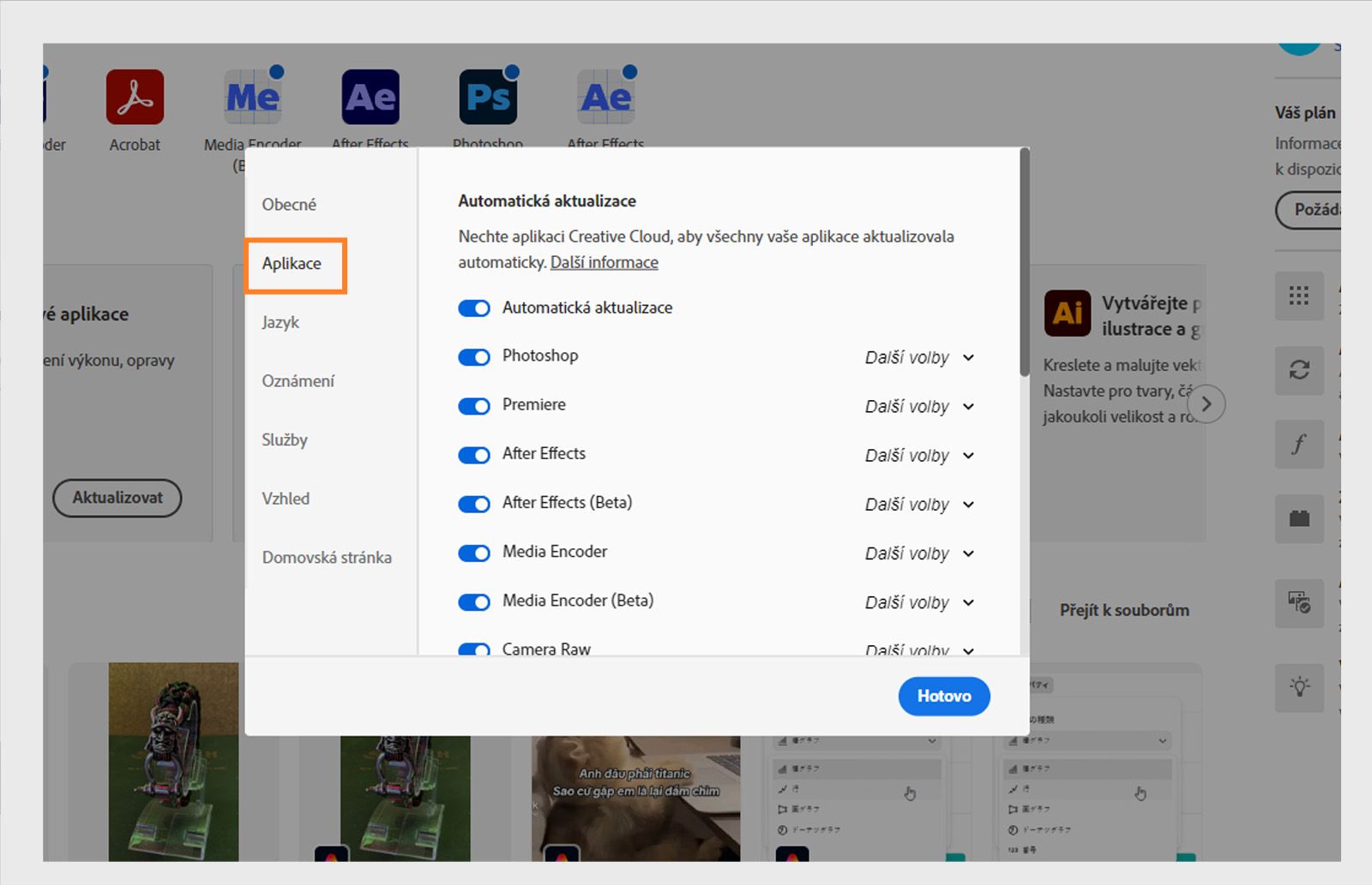 Panel předvoleb Adobe Creative Cloud otevřený na kartě Aplikace, zobrazující možnosti automatické aktualizace, umístění instalace a využití šířky pásma.