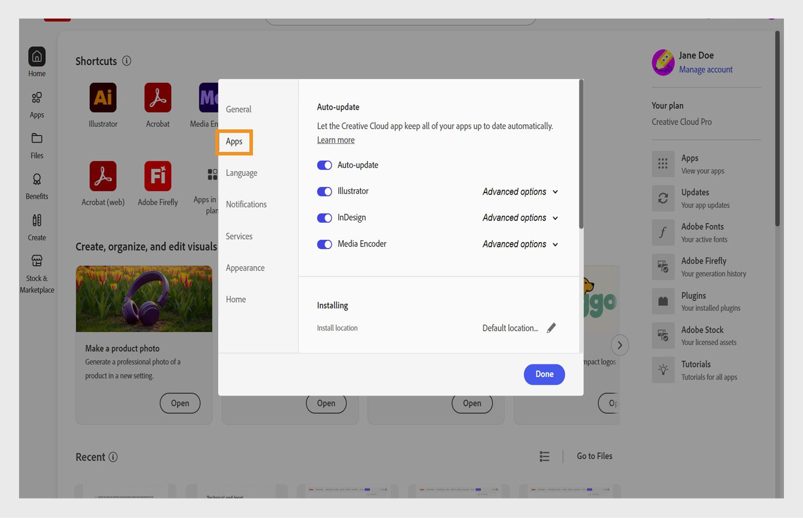 Panel predvolieb Adobe Creative Cloud otvorený na karte „Aplikácie“, zobrazujúci možnosti automatickej aktualizácie, umiestnenia inštalácie a využitia šírky pásma.
