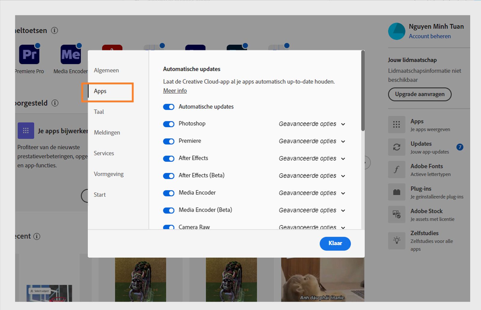 Het deelvenster Voorkeuren van Adobe Creative Cloud is geopend op het tabblad Apps met opties voor automatisch bijwerken, installatielocatie en bandbreedtegebruik.