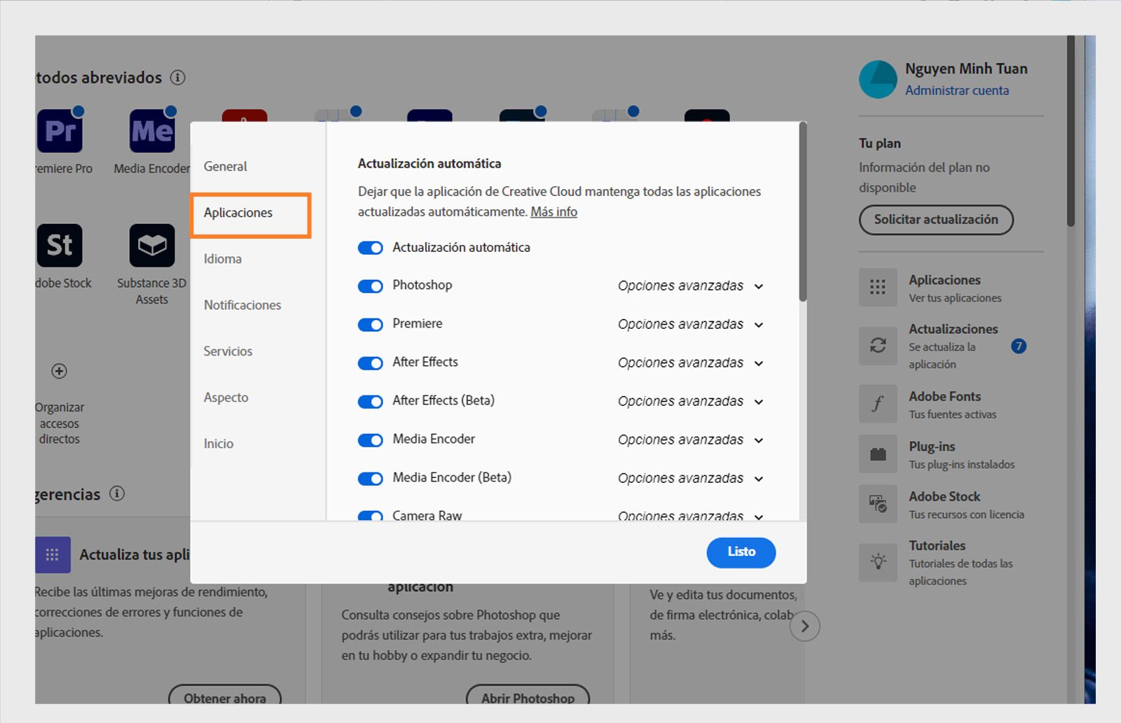 Panel de preferencias de Adobe Creative Cloud abierto en la pestaña "Aplicaciones", mostrando opciones para actualización automática, ubicación de instalación y uso de ancho de banda.