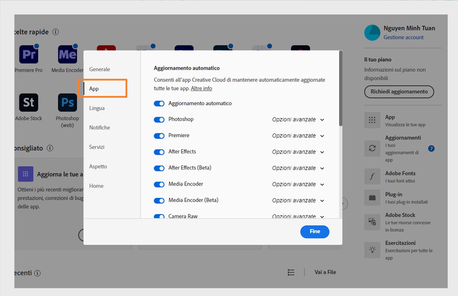 Pannello delle preferenze di Adobe Creative Cloud aperto nella scheda “Applicazioni”, che mostra le opzioni per l’aggiornamento automatico, la posizione di installazione e l’utilizzo della larghezza di banda.