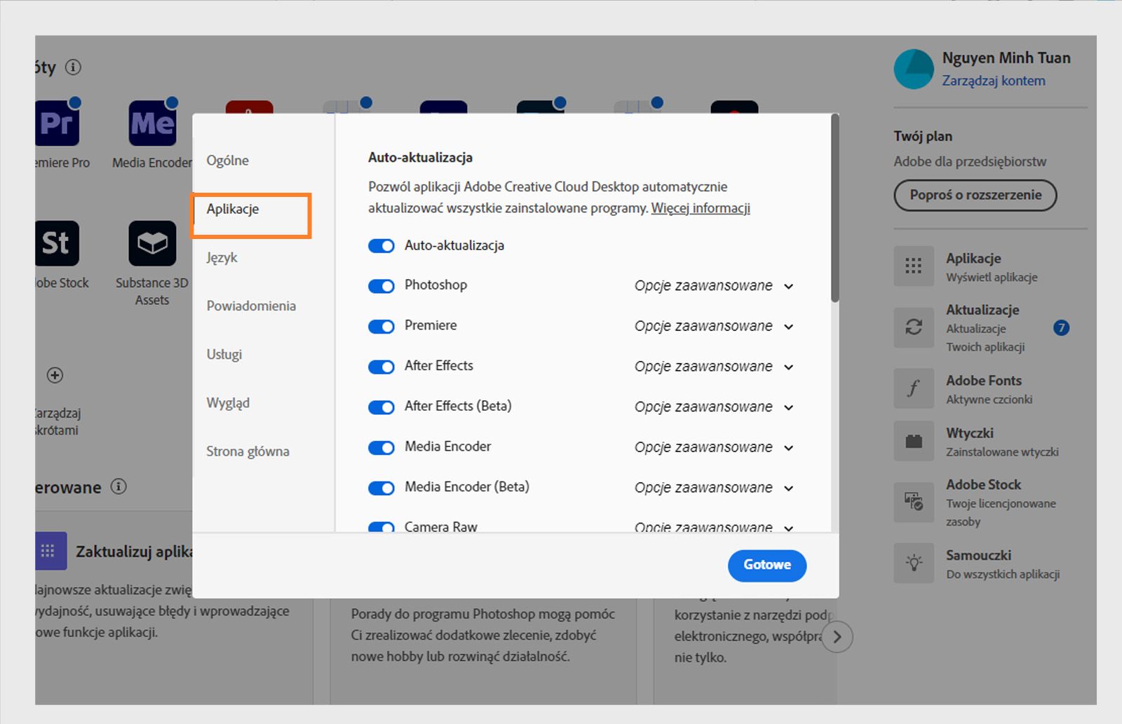 Panel preferencji Adobe Creative Cloud otwarty na karcie „Aplikacje", pokazujący opcje automatycznej aktualizacji, lokalizacji instalacji i wykorzystania przepustowości.