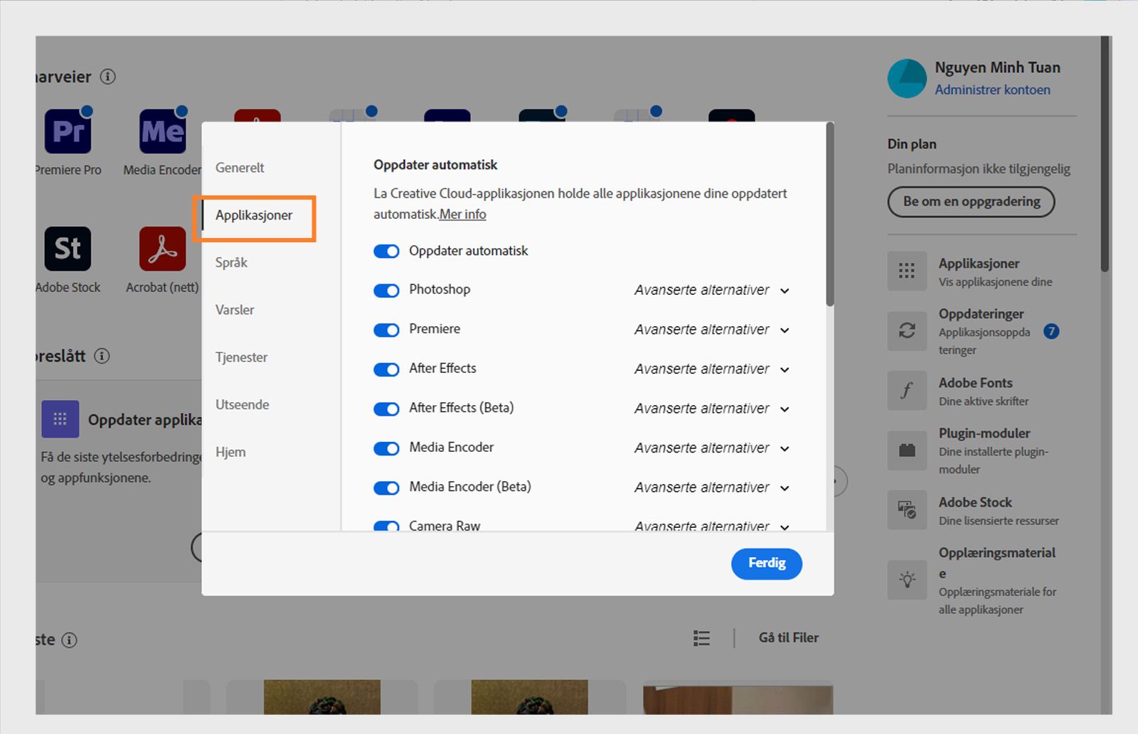 Adobe Creative Cloud-innstillingspanelet åpent på «Apper»-fanen, som viser alternativer for automatisk oppdatering, installasjonssted og båndbreddebruk.