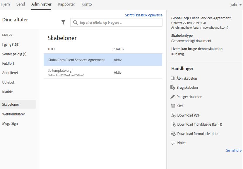 Skabeloner på Administrer-siden
