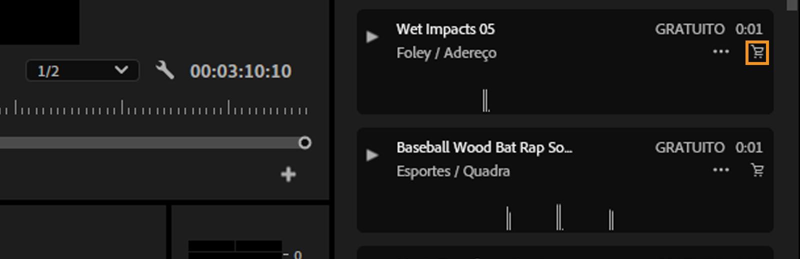 Uma faixa de áudio gratuita é exibida com a opção de licenciar a faixa realçada. 