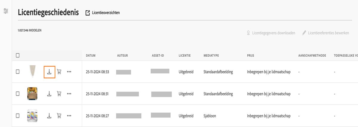 Bekijk en download eenvoudig gelicentieerde bestanden op het scherm Licentiegeschiedenis. 