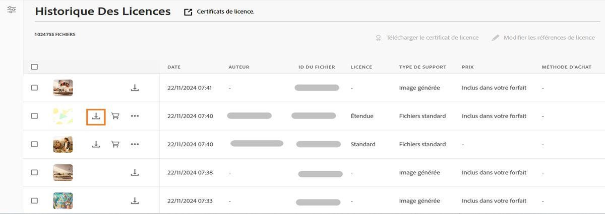 Affichez et téléchargez facilement les fichiers sous licence sur l’écran Historique des licences. 