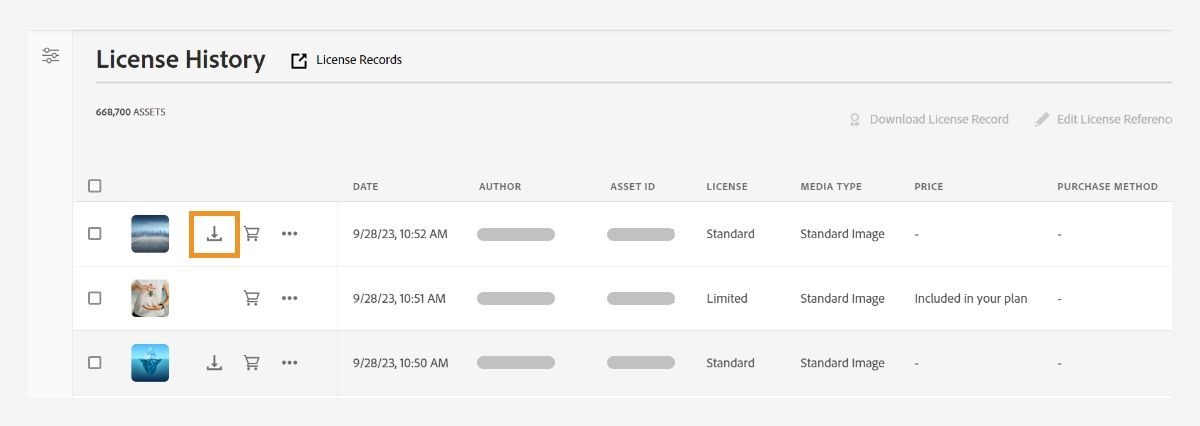 Easily view and download licensed assets on Licensed History screen. 