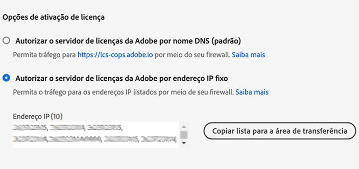 Opções de ativação de licença