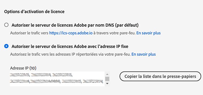 Options d’activation de licence
