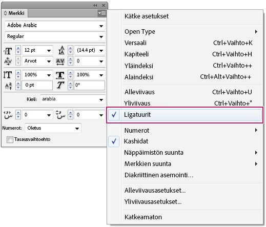 InDesign-merkkipaneeli, jossa Ligatuurit-asetus on käytössä arabiankielisen tekstin muotoilua varten paneelivalikosta.