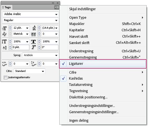 Panelet InDesign-tegn med indstillingen Ligaturer aktiveret i panelmenuen til arabisk tekstformatering.