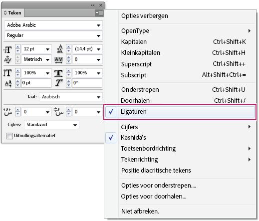 Het deelvenster Teken van InDesign met de optie Ligaturen ingeschakeld vanuit het deelvenstermenu voor Arabische tekstopmaak.