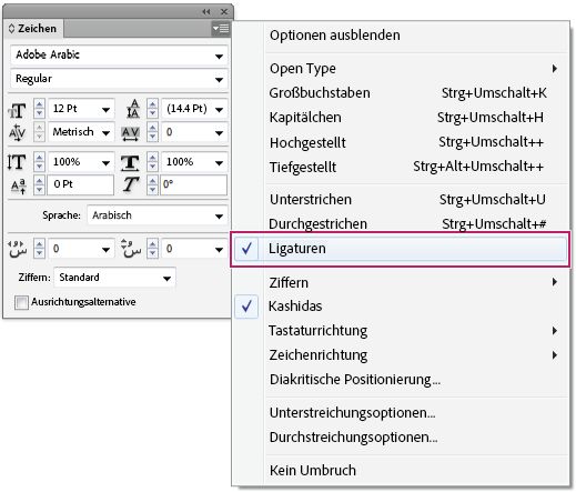 InDesign-Zeichenbedienfeld mit aktivierter Ligaturenoption im Bedienfeldmenü für die arabische Textformatierung.
