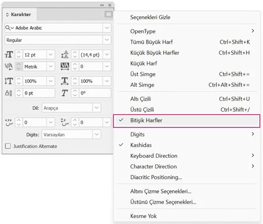 Arapça metin formatı için panel menüsünden Bağlantılar seçeneği etkinleştirilmiş InDesign Karakter paneli.
