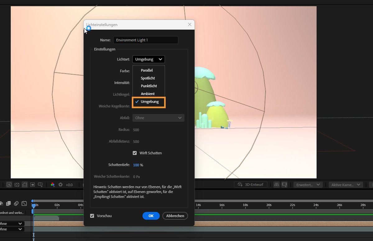 Wähle im Dialog „Lichteinstellungen“ in der Dropdown-Liste „Lichttyp“ die Option „Umgebung“ aus. 
