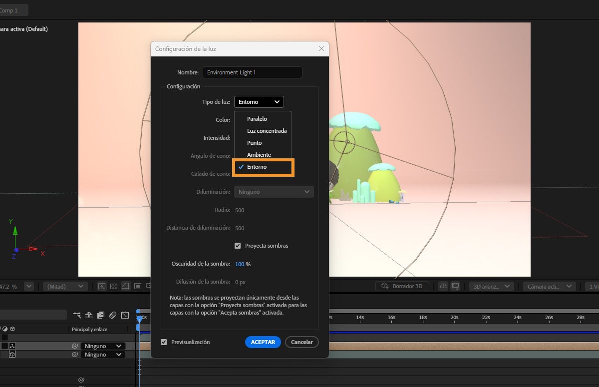 En el cuadro de diálogo Configuración de luz, seleccione Entorno en la lista desplegable Tipo de luz. 
