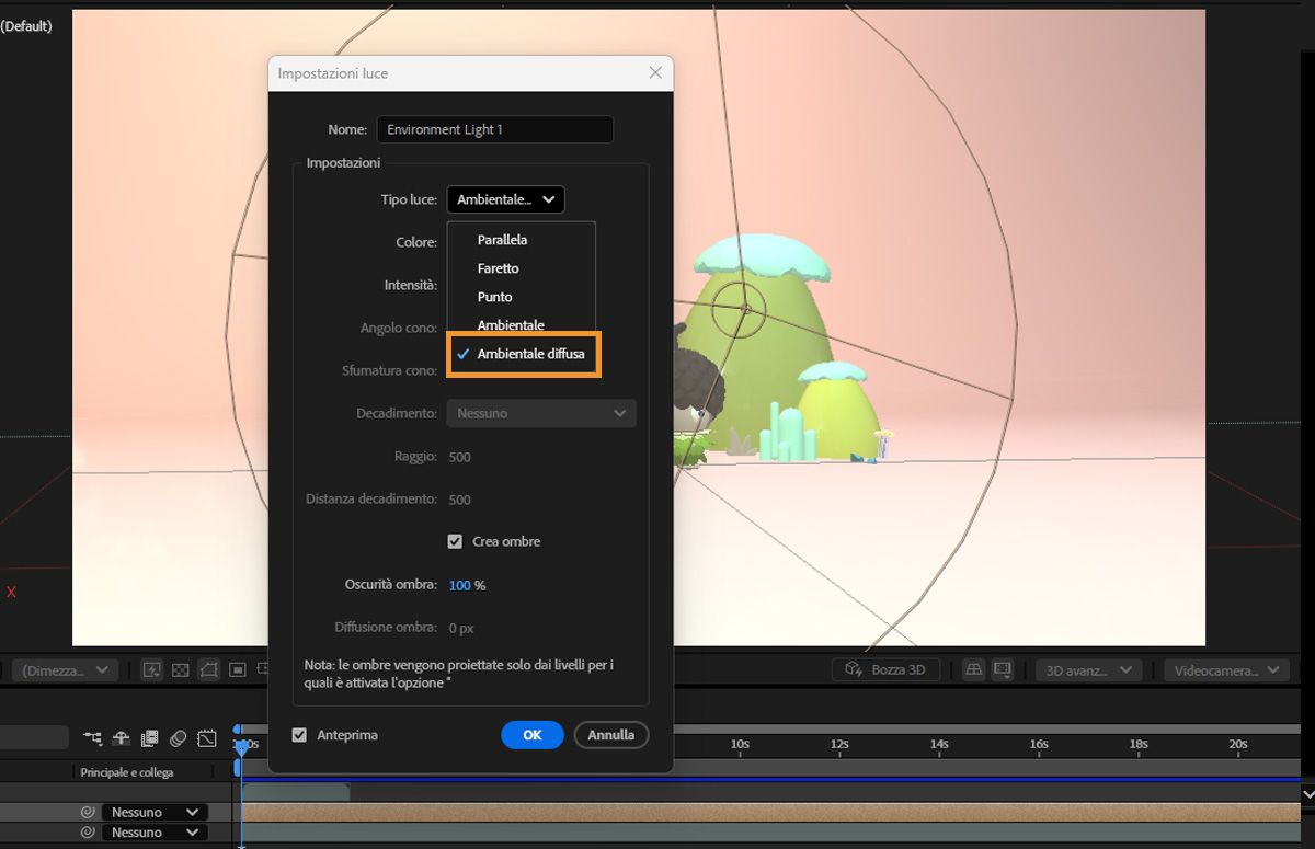 Nella finestra di dialogo Impostazione luce, seleziona Ambiente dall’elenco a discesa Tipo luce. 