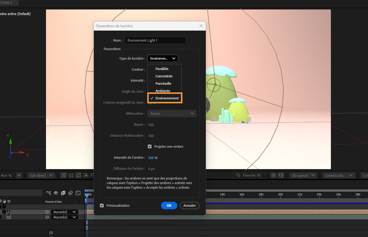 Dans la boîte de dialogue Paramètres de lumière, sélectionnez Environnement dans la liste déroulante Type de lumière. 