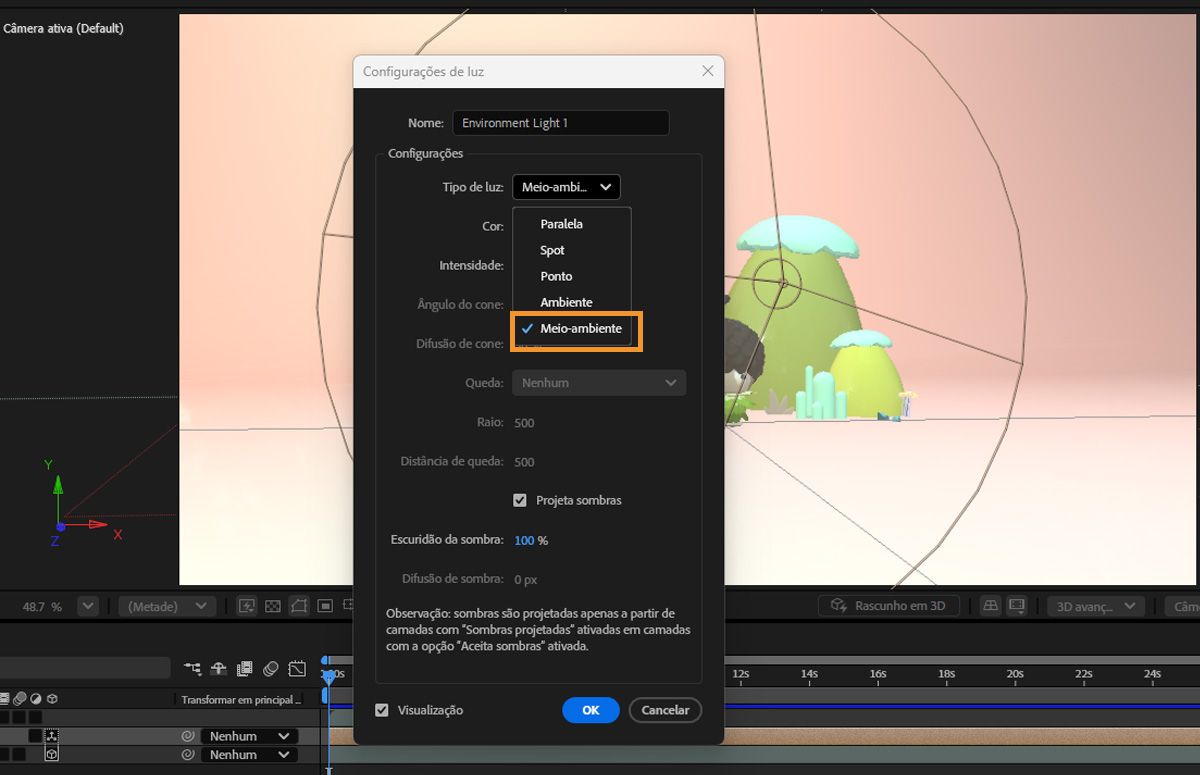 Na caixa de diálogo Configurações de luz, selecione Ambiente na lista suspensa Tipo de luz. 